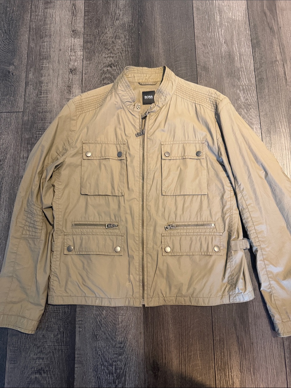 Hugo BOSS Men's Green Khaki Field Jacket with Utility Pockets